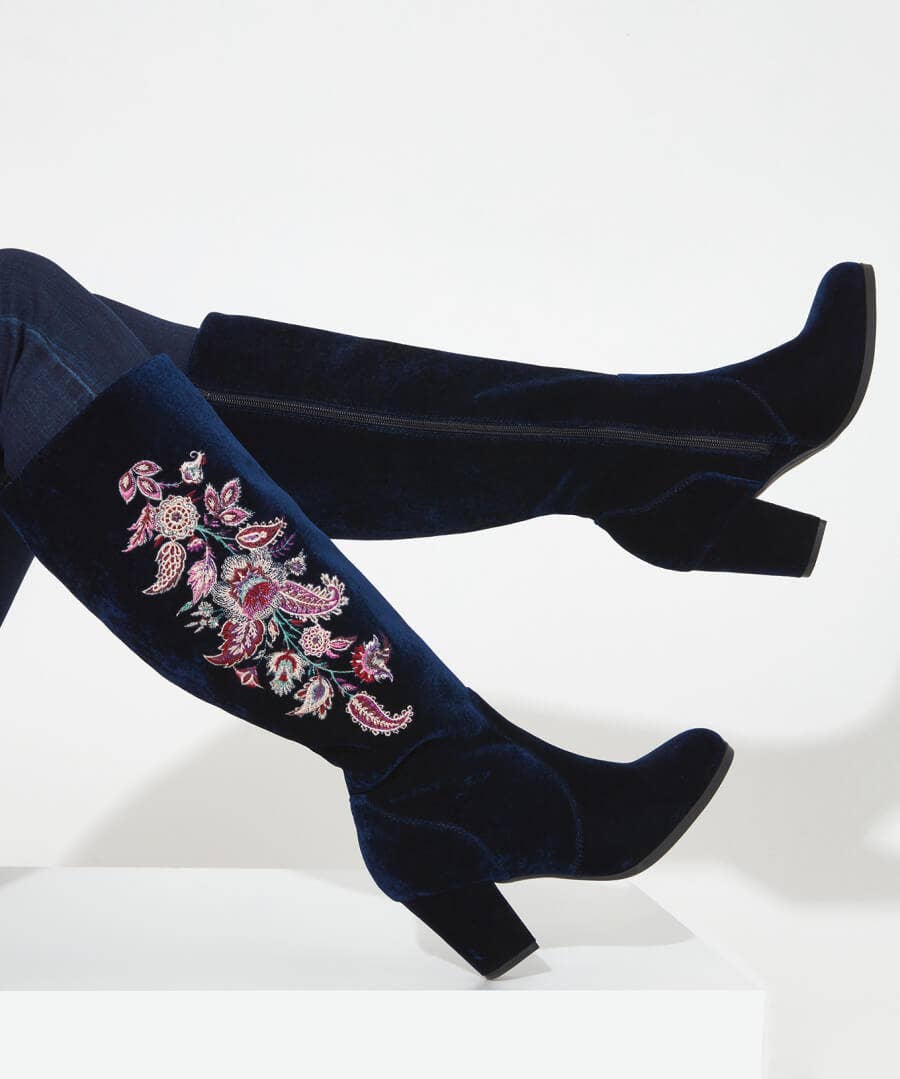 Knee High Boots | Party Footwear | Boots & Shoes | Sale Boots & Shoes | Top Picks | Top Picks | Women's | Women's Joe Browns Opulence Embroidered Velvet Boots Navy Multi